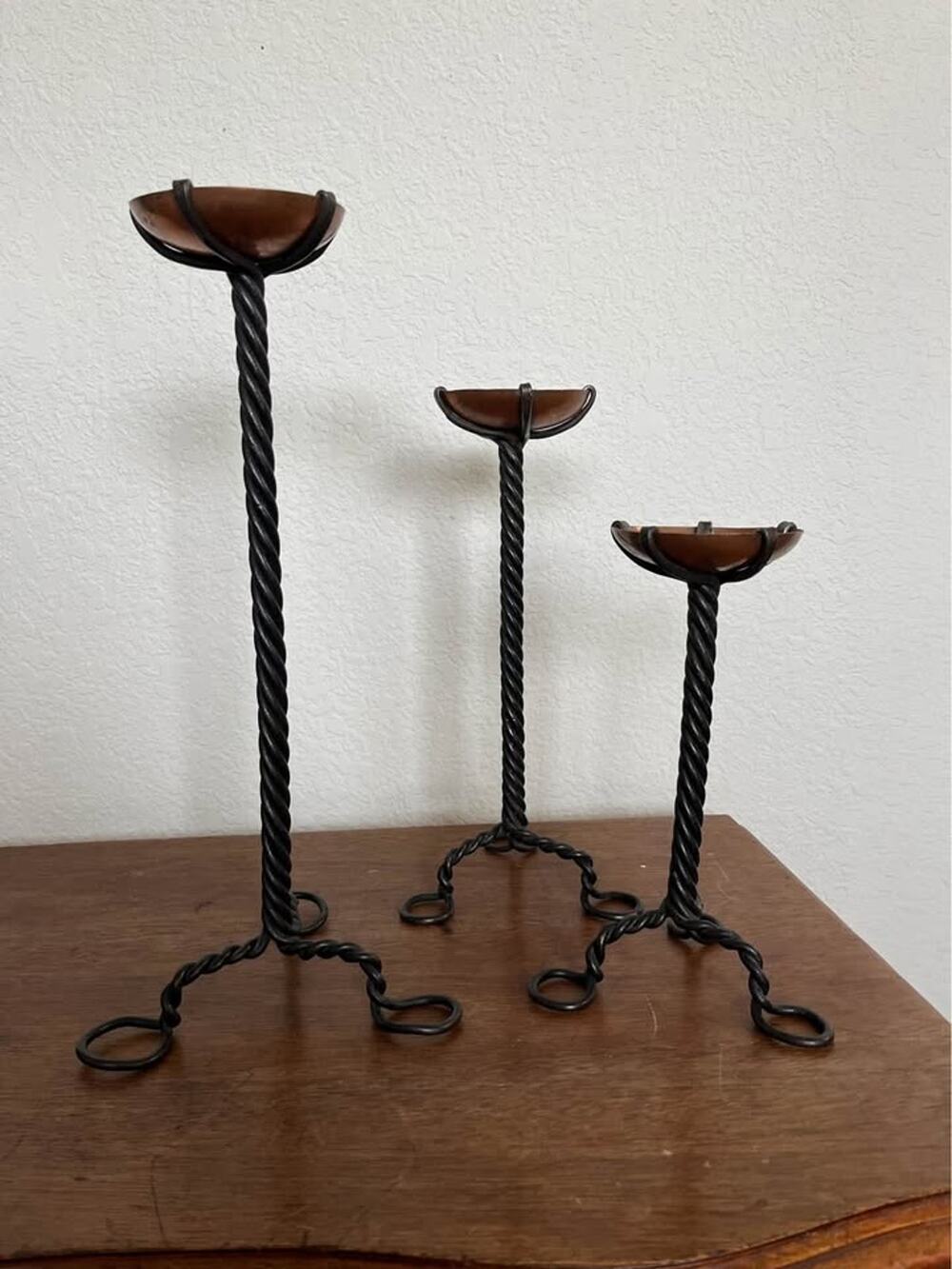 Set of 3 Vintage Hand Forged Iron and Copper Twisted Candle Holders